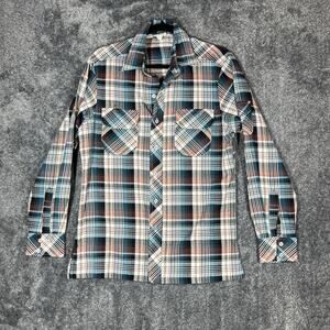Covington Shirt Mens Medium Blue Brown Plaid Western Pearl Snap Long Sleeve